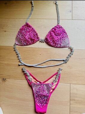 Hot Pink Crystal Embellished Bikini Set